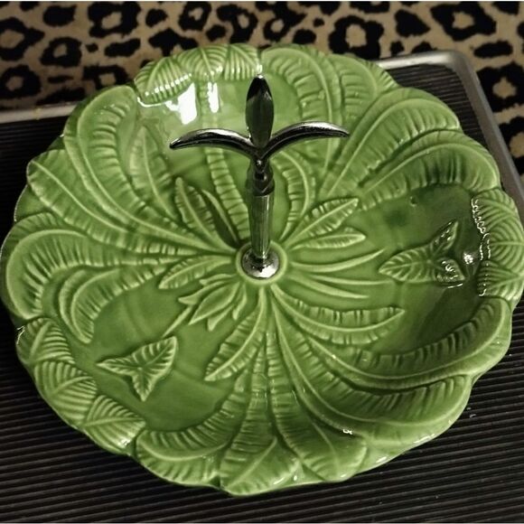 50’s VINTAGECALIFORNIA POTTERY USA 693 12” Serving Dish Green w/ SILVER Handle - Picture 4 of 4